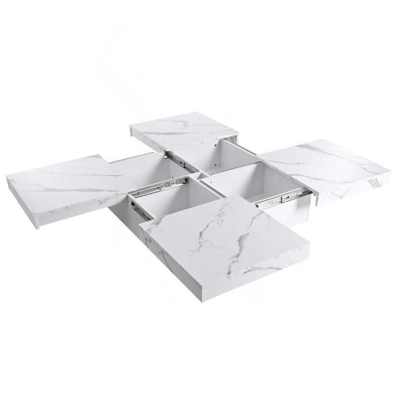 Table basse carrée en placage de marbre avec plateau coulissant et rangement blanc 39,4 po
