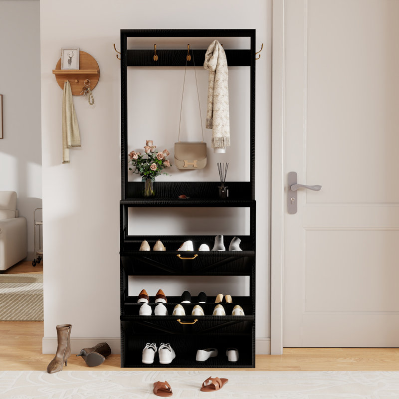 Shoe Storage Cabinet With Hooks, Black