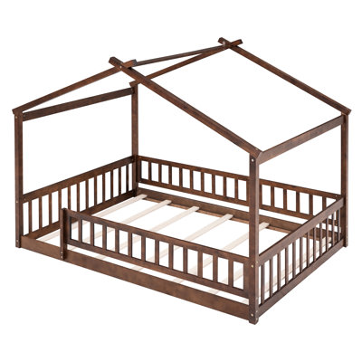 Base de lit pleine grandeur en bois de noyer pour adolescents avec clôture, pin, zone de sommeil calme, espace de jeu et de sommeil pour les adolescents, semi-fermée pour une nuit confortable