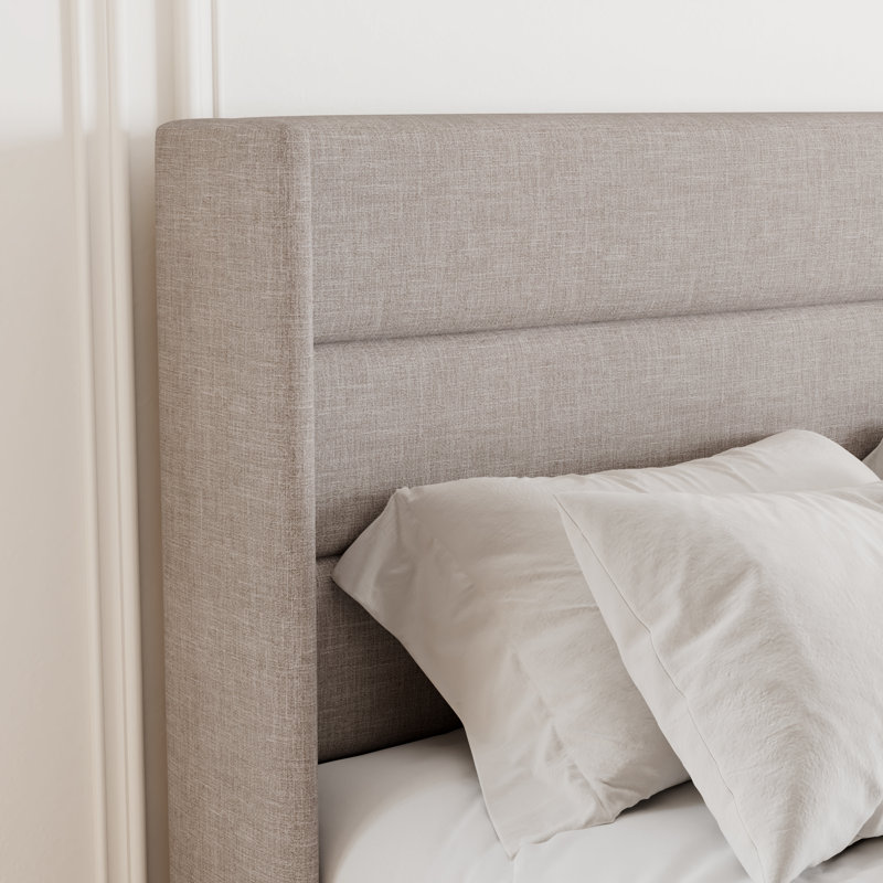 Structure de lit plateforme tapissier avec rangement relevable, Beige, Très grand