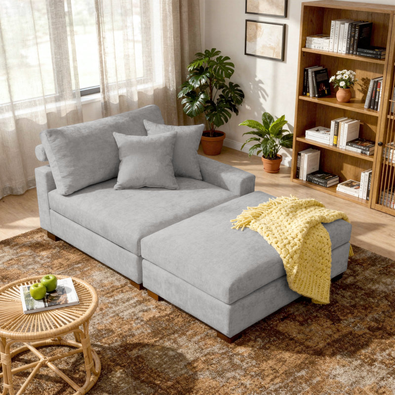 Chaise longue modulaire rembourrée en chenille grise avec accoudoirs et coussins décoratifs, Gris, Face à la droite