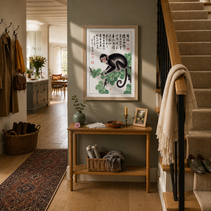 Monkey Among Calligraphy Japandi - Framed Print, Oak, A4 - 29.7 x 21.0 cm