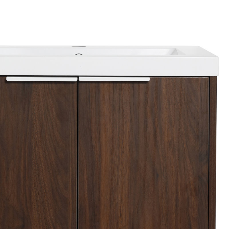 Meuble-lavabo mural 24 po avec plateau en résine blanche, Noyer de Californie