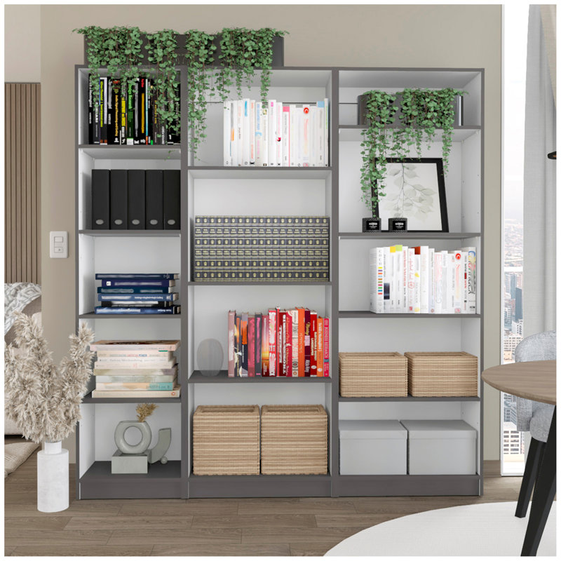 Dupree 3 Piece Home Bookcase Set, 67" Wide With 14 Shelves ,  Living Room Set Set  Mat Gray - White, Gray/White