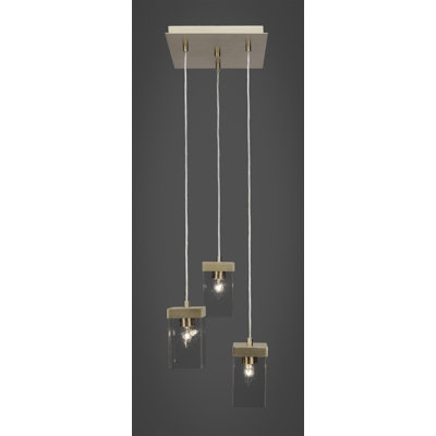 Luminaire suspendu en grappe à 3 lumières Karson présenté en finition nouvel âge avec verre à bulles carré de 4 po