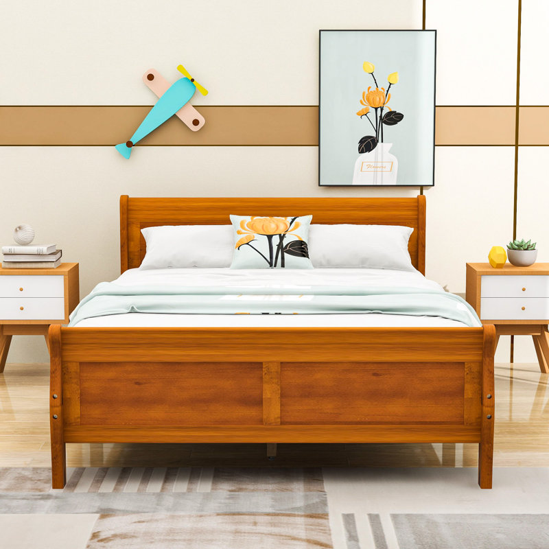 Lit plateforme en bois avec tête et pied de lit, Grand, Chêne