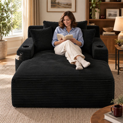 Chaise longue surdimensionnée en velours côtelé de 120 cm de large, canapé profond sans structure avec 2 porte-gobelets, poches latérales et coussins, aucun assemblage requis