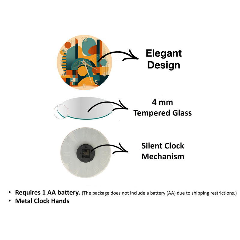 Horloge murale moderne à motif géométrique abstrait en verre trempé bleu sarcelle et orange, Blanc