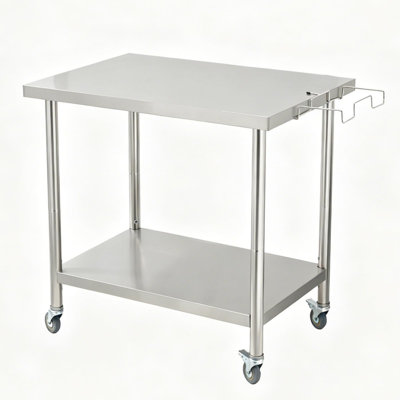 48" Stainless Steel Double Layer Work Table with Casters & Integrated Garbage Shelf, Heavy Duty Commercial Prep Table 0.7mm Thick with Locking Swivel Casters for Kitchen, Restaurant & Garage