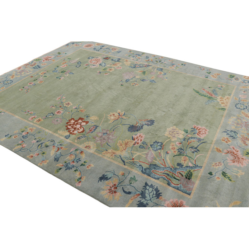 Rug & Kilim’S Chinese Art Deco Style Floral Rug In Green And Blue, Rectangle 7'11" x 10'1"