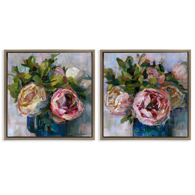  Impasto Cabbage Roses in Vases 2 PC Framed Floater Canvas Set by Borcherding