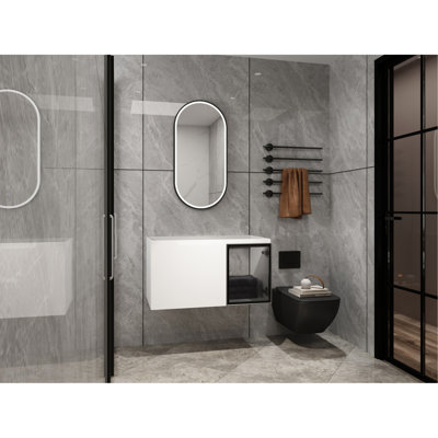 Meuble-lavabo mural 36 po (35-1 / 4 po), 2 portes à fermeture en douceur, meuble-lavabo blanc brillant et 1/2 porte en verre gris, contreplaqué (emballage KD) - Lavabo non compris