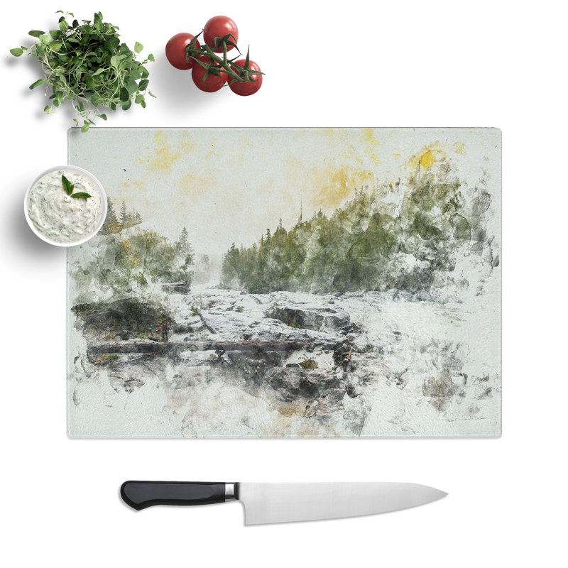 Tempered Glass Mountain Stream View Chopping Board, 28.5 cm x 39 cm