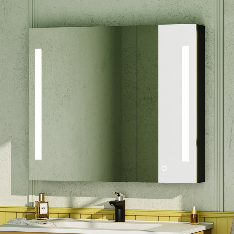 30 po X 26 po Miroir noir à pharmacie avec anti-buée, éclairage à intensité variable, fonction mémoire, fixation en surface