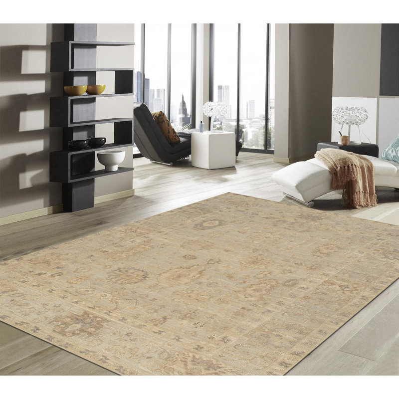 Tapis bleu en laine noué à la main Oushak, Rectangle 9 pi 1 po x 11 pi 9 po