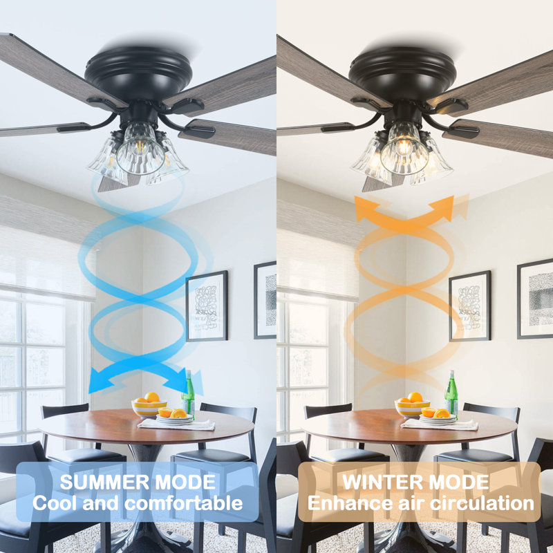 Flush Mount Traditional Ceiling Fan with Light, DC Motor Reversible Low Profile Chandelier Ceiling Fan For Bedroom, 52" Wide