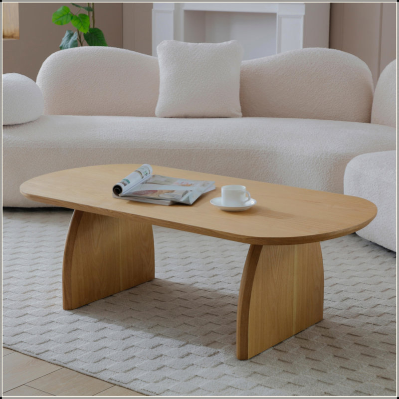 Table basse ovale avec placage en bois massif, centre de table moderne en bois massif de couleur naturelle, table d'appoint pour salon, petit espace, bureau, facile à assembler