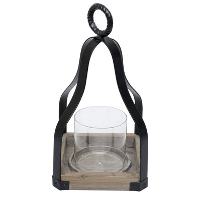 13" Rustic Wood And Metal Candle Lantern