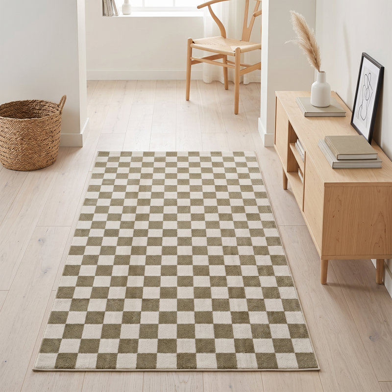 Tapis géométrique à carreaux crème et or (2,6 pi x 4,9 pi), Crème