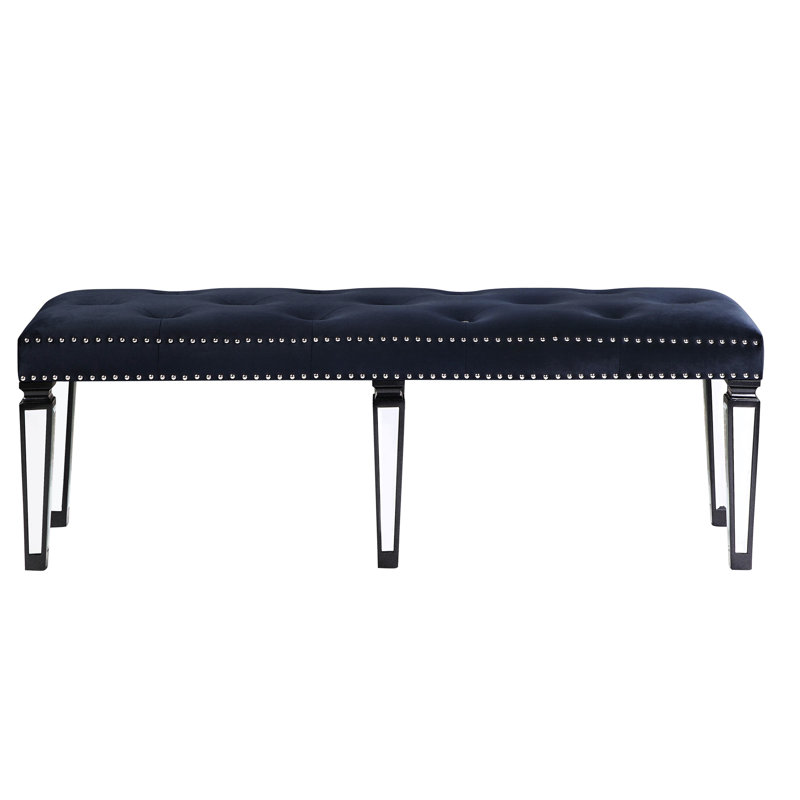 Banc de chambre en velours bleu marine avec coussin et pieds en miroir Intrigue