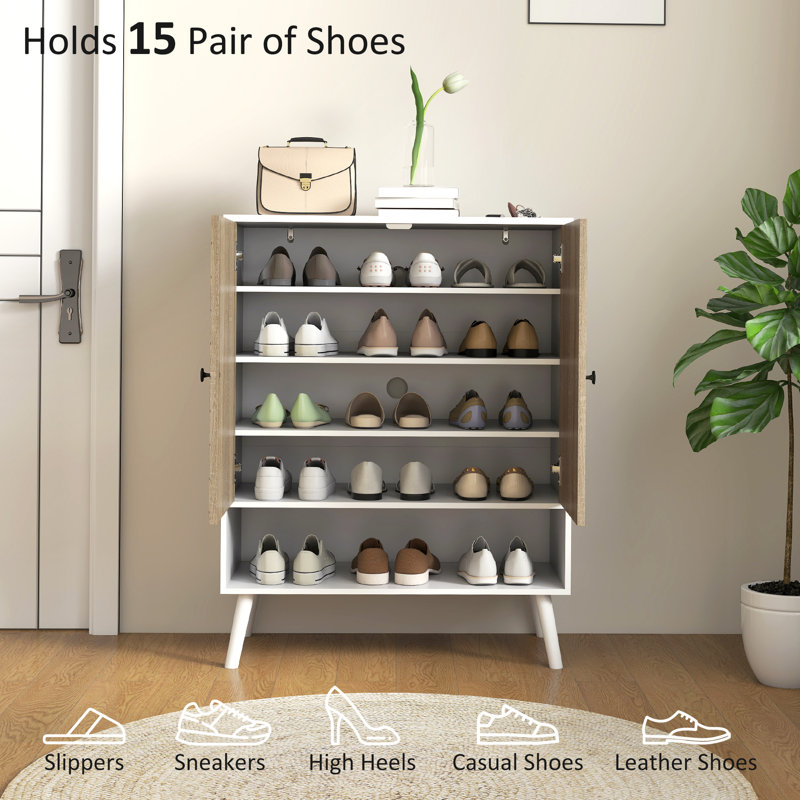 Armoire de rangement pour chaussures, armoire à chaussures à 5 niveaux avec portes, ton naturel