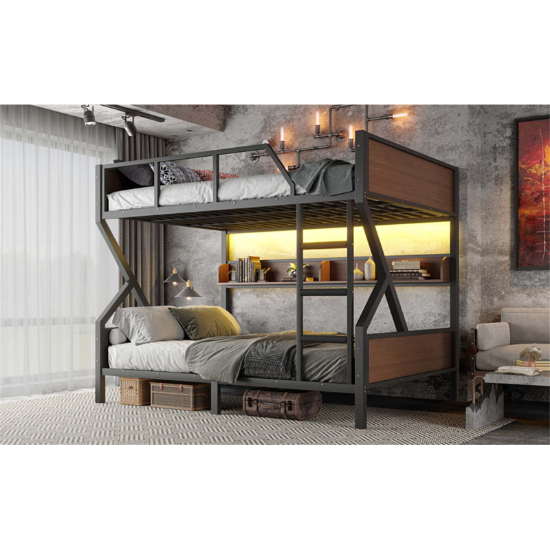 Grand lit superposé en métal avec tablettes de rangement intégrées, éclairage DEL, cadre silencieux et conception sécuritaire pour les espaces partagés ou compacts.