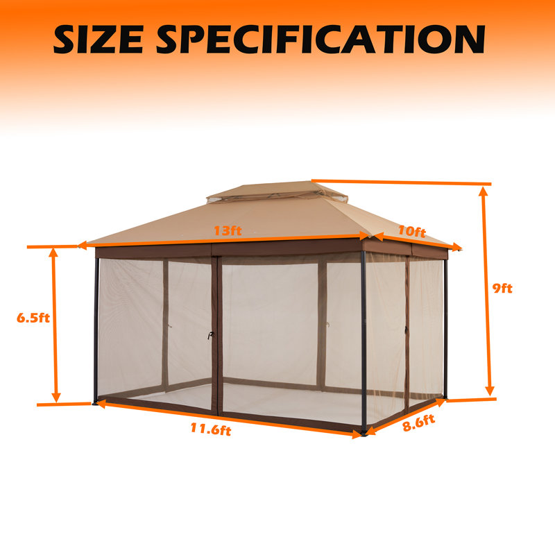 StarEcho 13 Ft. W x 10 Ft. D Steel Patio Gazebo with Netting (Tool free quick assembly), Gray