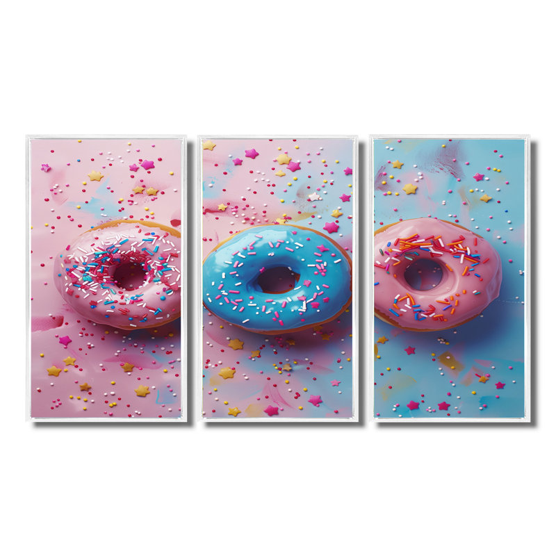 Ensemble de décorations murales délicieuses roses et bleues «Sparkle Donuts I», Toile encadrée flottée blanche