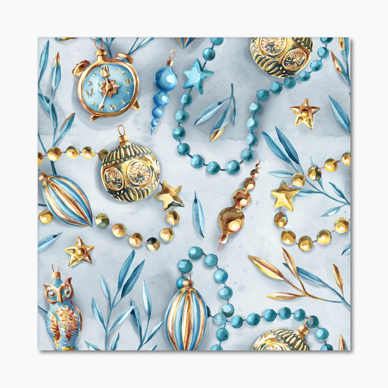 «Blue and Gold Christmas Tree Ornaments», reproduction d'art sur toile moderne, H 36 po x l 36 po x P 1 po, Toile tendue