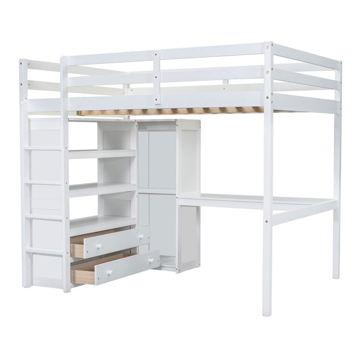 Harriet Bee Wood Full Size Loft Bed with Built-in Wardrobe, Desk ...