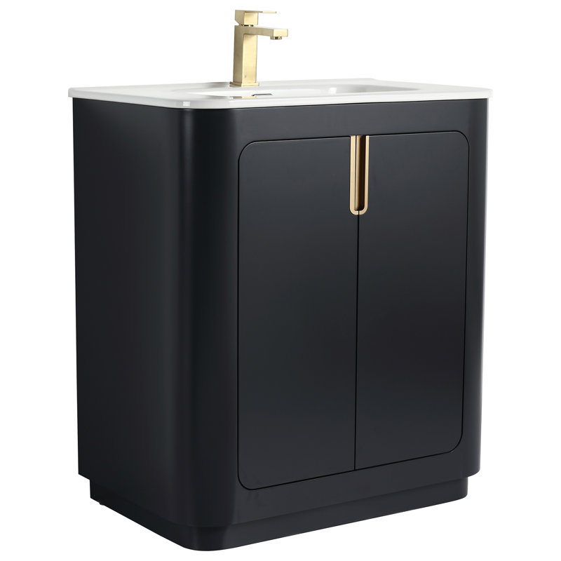 Atticus 30 Inch Bathroom Vanity with Sink, Black/Satin Brass