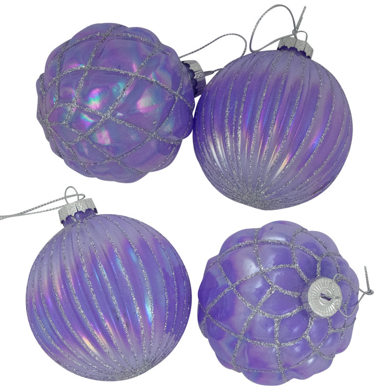 Shiny Glittered Iridescent Glass Ball Christmas Ornaments - 3" (80Mm) - Purple - 4Ct