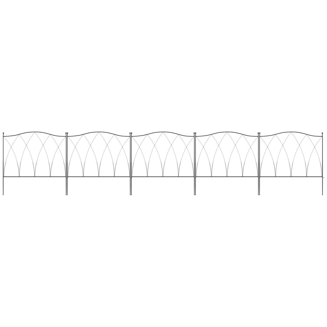 Set Of 5 Decorative Metal Garden Fence Panels, 61.5cm Flexible Border Fencing With Clips & Feet, 3m Overall Length, Black