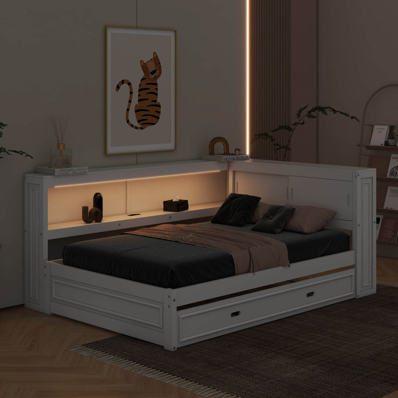 Full Size Wood Daybed With Shelves, LED And Trundle, White