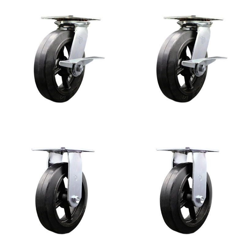 8 Inch Rubber on Steel Caster Set with Roller Bearing 2 Brakes and 2 Rigid SCC