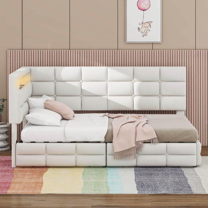 Twin Size Upholstered Daybed With 2 Drawers And Charging Station,LED Lights And Storage Headboard, Beige