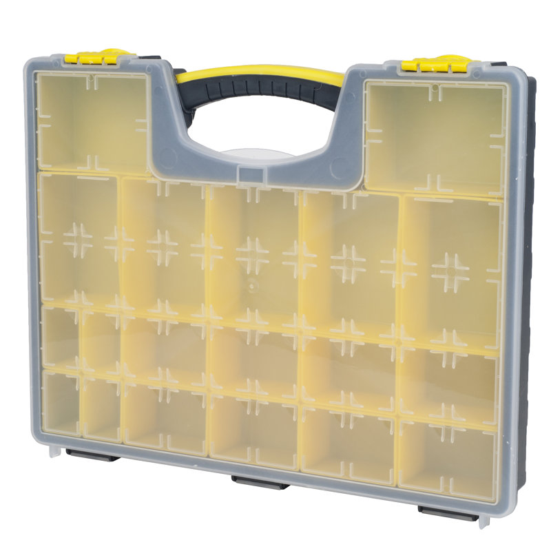 Storage Organizer Tool Box Set - Set of 4 Plastic Clear Top Parts, Craft, and Hardware Organizers with 3 Sized Compartments by Stalwart (Yellow/Black)