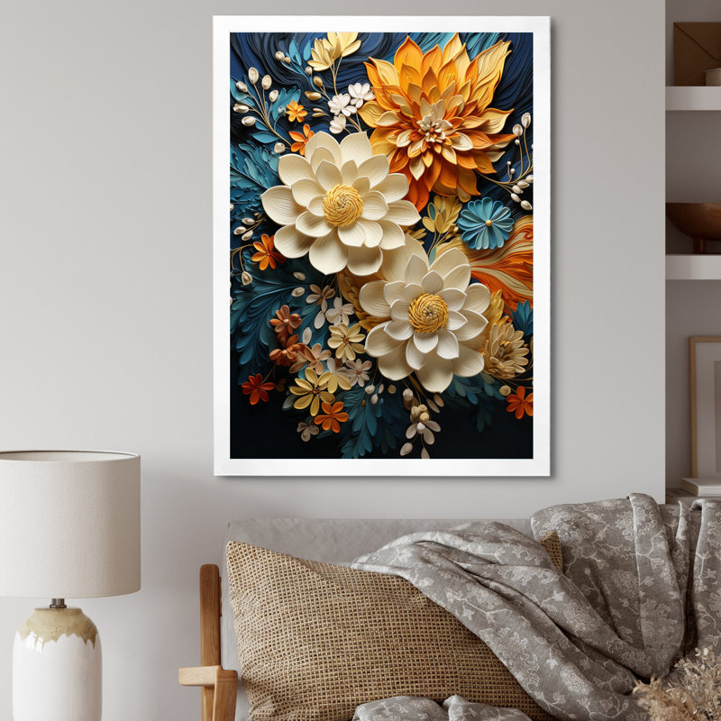 Humira orange sarcelle botanique tourbillon II - art botanique abstrait, Cadre photo unique, H 32 po x l 16 po, Blanc