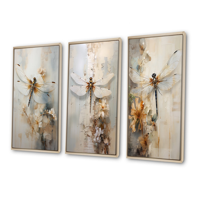 Libellule délice - ensemble de 3 impressions sur toile libellule, Cadre flottant brun, H 32 po x l 48 po