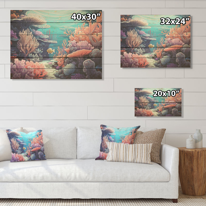 Kawaii clownfish corail Lansdscape - corail côtier sous l'eau, art mural sur bois de pin naturel, H 30 po x l 40 po