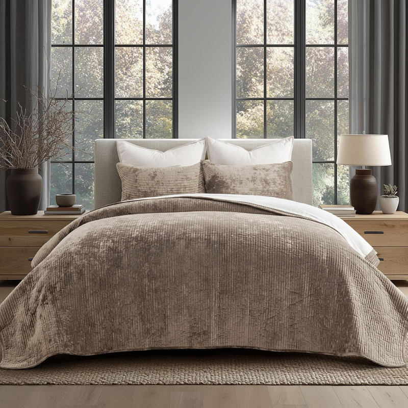 Striped Channel Velvet Quilt Set, King, Natural Tan
