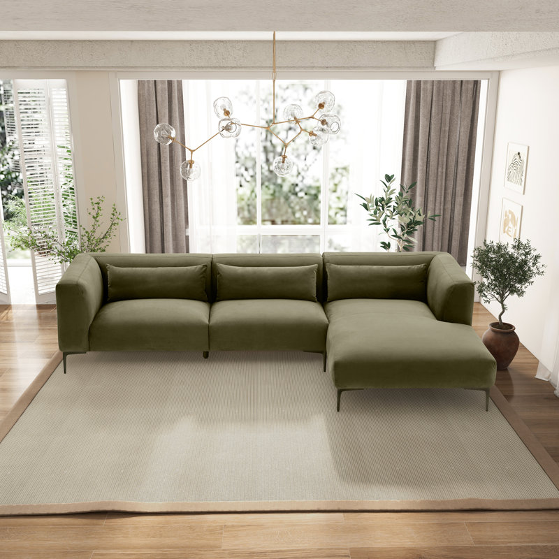Nashonda 122.8'' Wide Japandi Style L-Shaped Velvet Sofa & Chaise, Green Velvet