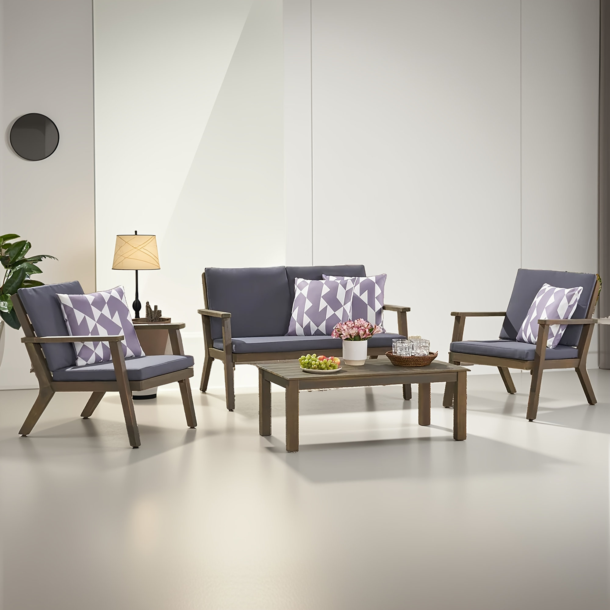 Channing Acacia 4 - Person Patio Conversation Set with Cushions, Dark Gray, Gray