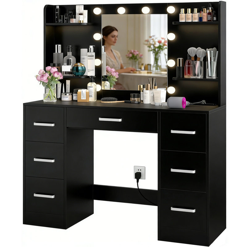 43.3" Makeup Vanity With 7 Drawers, Power Outlet, And Mirror Cabinet With Three-color Lighting In Black, Black