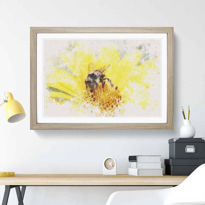 Bee Collecting Pollen Watercolour - Framed Print, 40cm H x 60cm W x 2cm D, Oak Framed