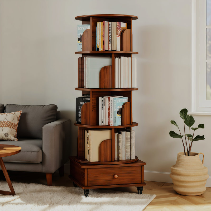 Rotating Bookshelf with Drawer, 360 Display Corner Bookshelf for Small Space, Floor Standing Bookcase Storage Rack, Wood Narrow Book Shelf Organizer for Bedroom, Living Room