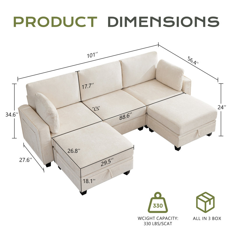 Canapé modulaire de 101 po avec repose-pieds avec rangement, très grand canapé modulaire en forme de U et canapé modulaire pour salon Canapé profond en chenille confortable avec méridienne