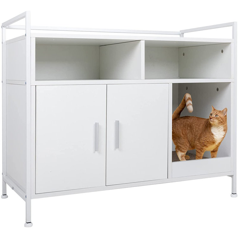 White Manufactured Wood and Metal Litter Box Enclosure with Storage Shelves