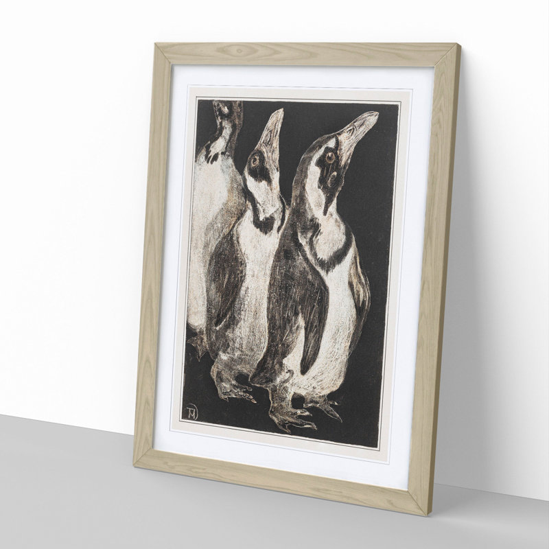 Three Penguins by Theo Van Hoytema - Picture Frame Drawing, 65cm H x 48cm W x 2cm D, Oak