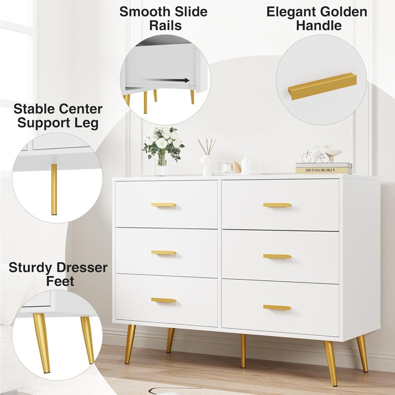 Commode 6 tiroirs, commode moderne en bois avec poignées dorées et espace de rangement, Blanc